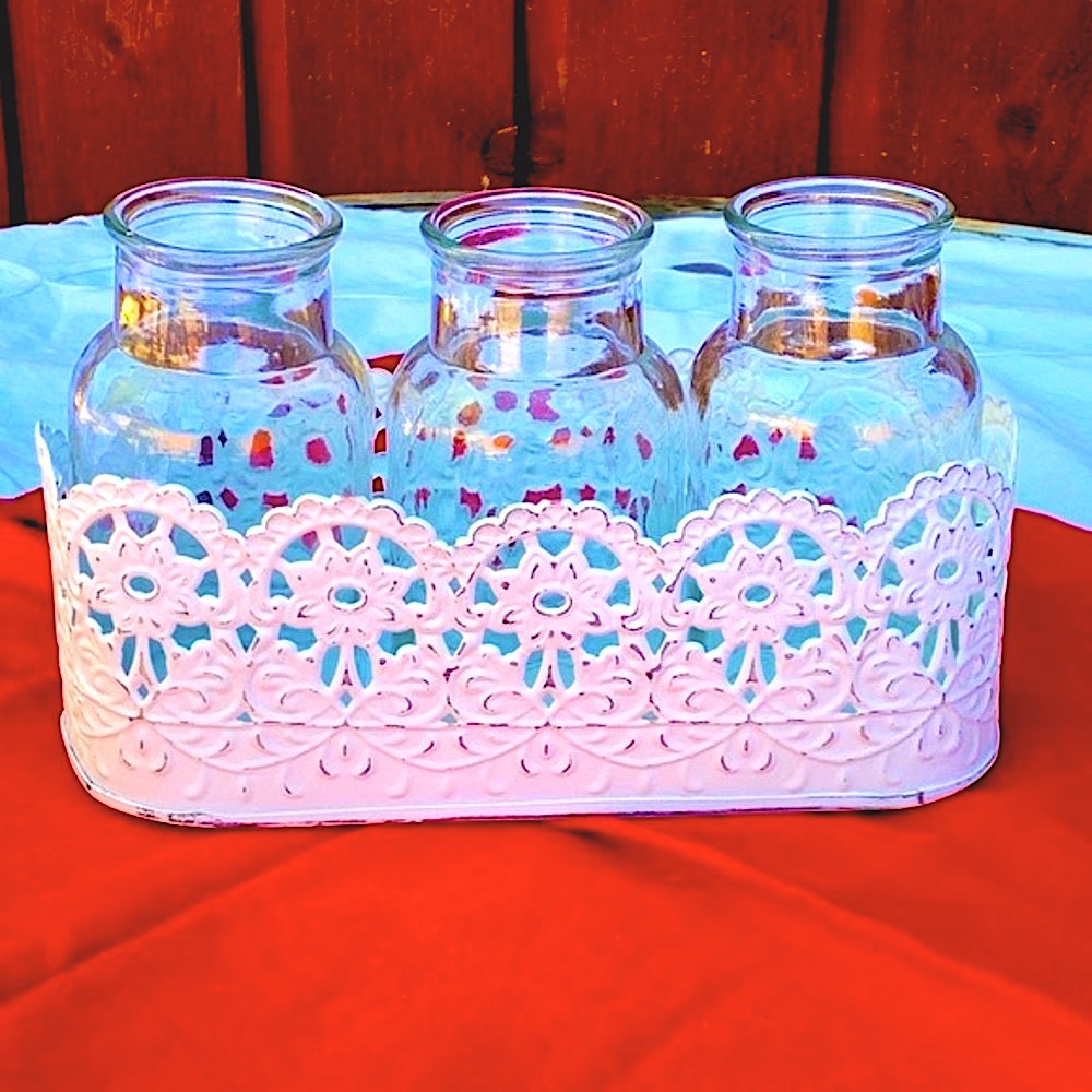 3 Glass Bottles in Decorative Tin Basket